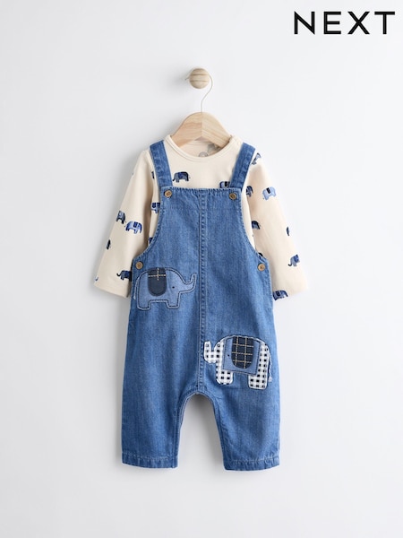 С синими слонами - Baby Denim Dungarees And Bodysuit Set (0mths-2yrs) (Q96670) | 13 400 тг - 14 740 тг