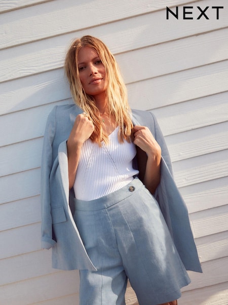 Blue Textured Linen Blend Shorts (Q96688) | €6