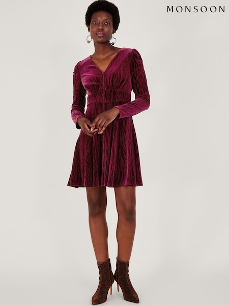 Monsoon Red Zahra Velvet Tea Dress (Q96737) | €51