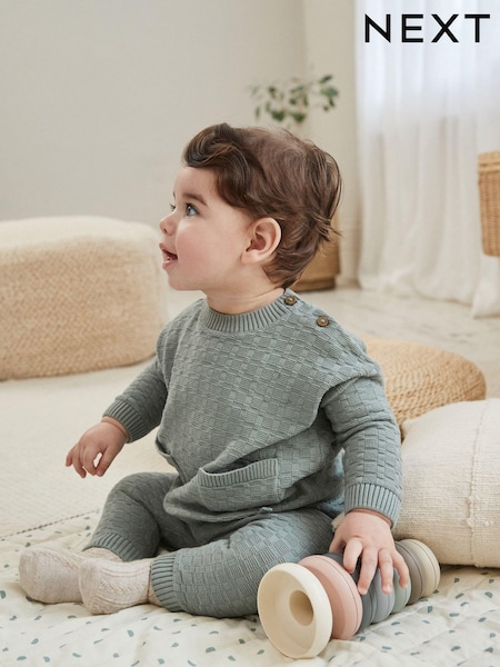 Mineral Blue Baby Textured Knit 100% Cotton Top and Leggings Set (0mths-3yrs) (Q96770) | AED60 - AED67