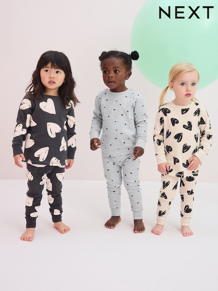 Charocal/Grau/Braun Herz - Floral Snuggle Pyjamas 3 Pack (9mths-12yrs) (Q96785) | 37 € - 50 €