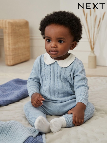 Blue Baby Collar Knitted 100% Cotton Jumper And Leggings Set (0mths-2yrs) (Q96795) | AED78 - AED85