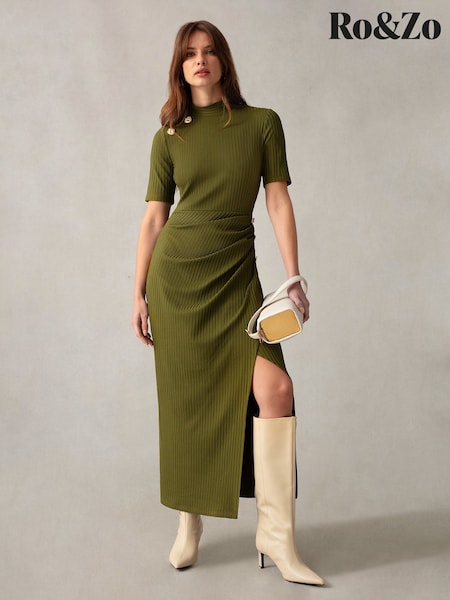 Ro&Zo Green Ribbed Button Detail Split Front Dress (Q96948) | €66