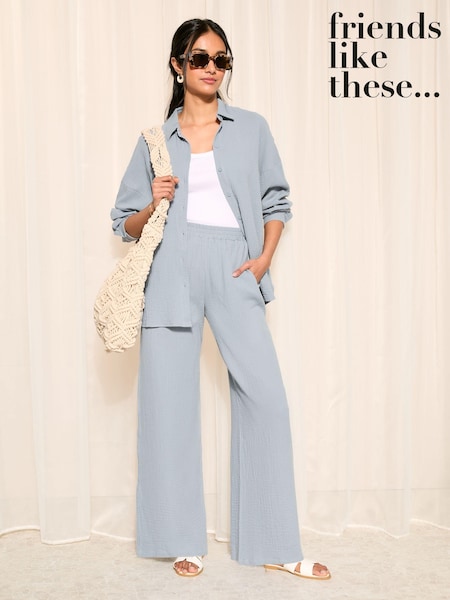 Albastru - Pantaloni largi din bumbac elastic cu aspect șifonat Friends Like These (Q97241) | 107 LEI