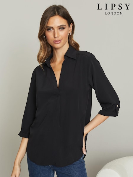 Lipsy Black V Neck 3/4 Sleeve Collared Blouse (Q97390) | ₪107