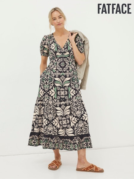 FatFace Black Priya Mosaic Leaf Midi Dress (Q97505) | €47.50