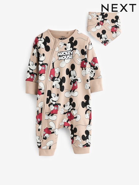 Neutral Mickey Mouse Baby 100% Cotton Sleepsuit and Bib Set 2 Piece (0mths-3yrs) (Q97548) | €13 - €15