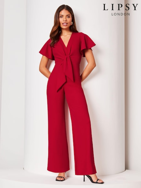 Lipsy Red Flutter Sleeve V Neck Tie Front Wide Leg Jumpsuit (Q97574) | € 20