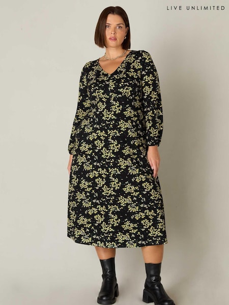 Live Unlimited Yellow Curve Ditsy Print Jersey Gathered Waist Midi Dress (Q97666) | €22