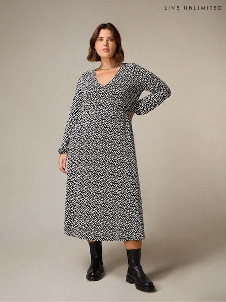 Live Unlimited Black Curve Mono Ditsy Print Jersey Gathered Waist Midi Dress (Q97671) | €36