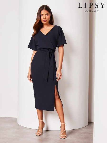 Lipsy Navy Blue V Neck Flutter Sleeve Belted Midi Dress (Q97811) | €24