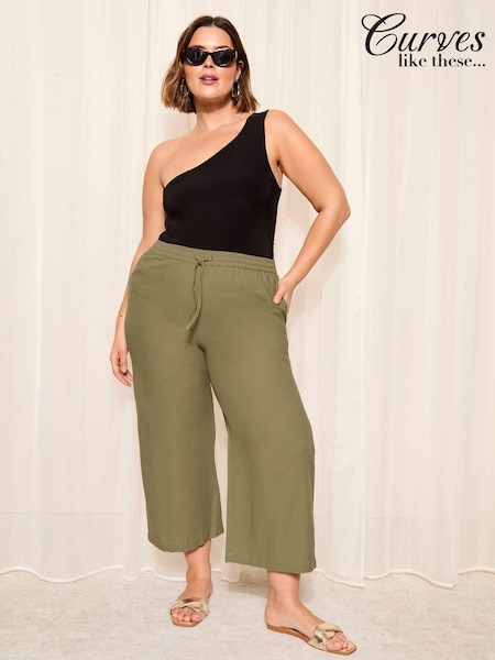 Curves Like These Khaki Green Cotton/ Linen Mix Wide Leg Crop Trousers (Q97824) | €15