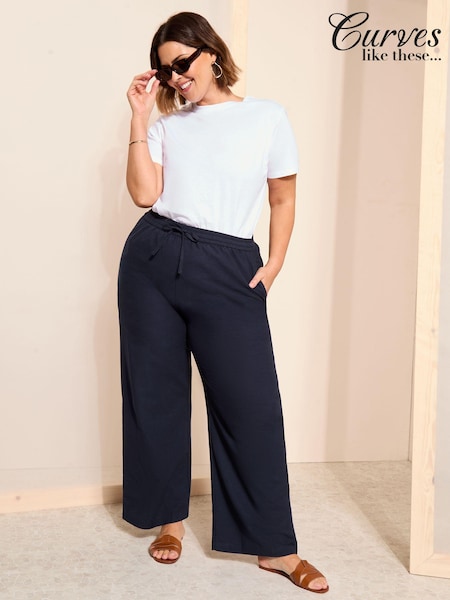Curves Like These Navy Blue Cotton/ Linen Mix Wide Leg Trousers (Q97825) | €16