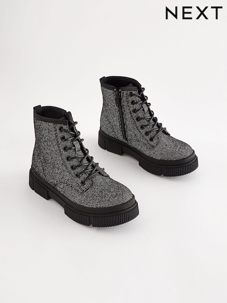 Black Glitter Standard Fit (F) Lace-Up Chunky Boots (Q97868) | AED91 - AED112