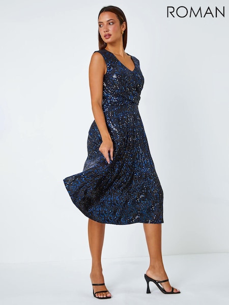 Roman Blue Sequin Twist Front Midi Stretch Dress (Q97895) | €44.50