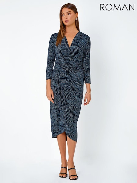 Roman Blue Glitter Print Midi Wrap Stretch Dress (Q97926) | €31