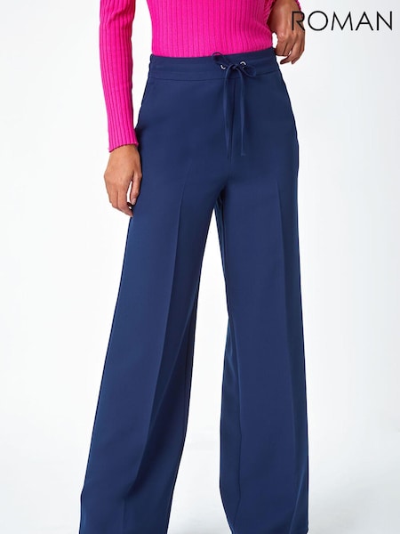 Синий - Roman Wide Leg Tie Front Stretch Trousers (Q98230) | €42
