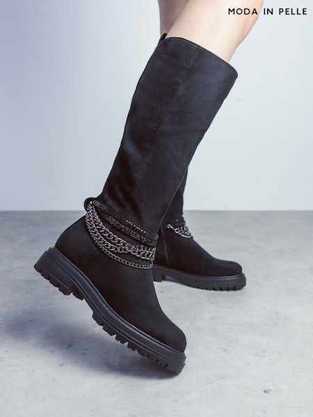 Moda in Pelle Litzy Black Chunky Long Boots With Chain Trim (Q98293) | €88