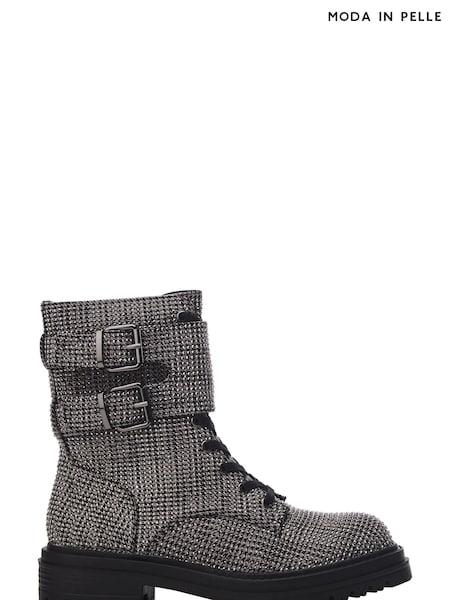 Moda in Pelle Zori Grey Chunky Lace-Up Glitzy Boots With Double Strap (Q98374) | €79