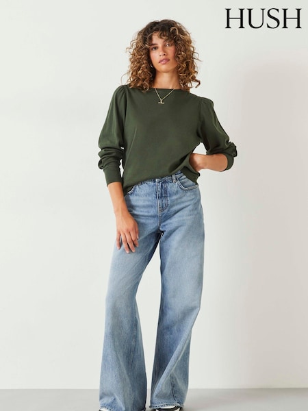 Verde măsliniu - Hush Emily Mânecă bufantă 100% Top din jerseu de bumbac (Q98557) | 290 LEI
