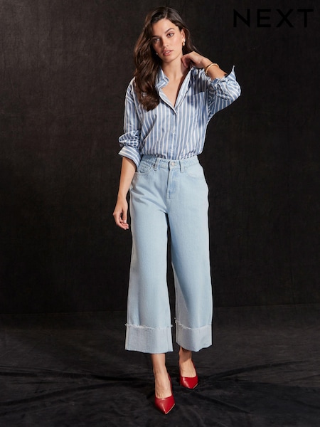 Bleach Blue Cropped Turn Up Wide Leg 100% Cotton Jeans (Q98588) | €24