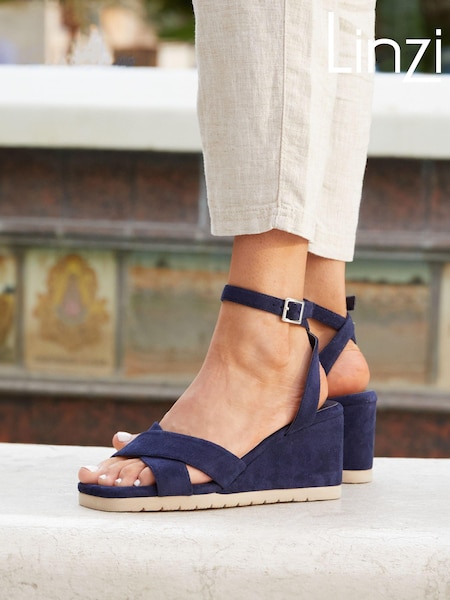 כחול  - Linzi Imogen Lightweight Faux Suede Crossover Front Wedge (Q98610) | ‏171‏₪