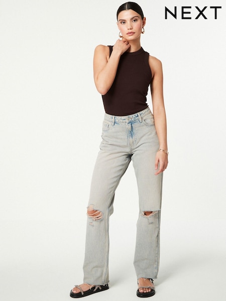Pink Tinted 100% Cotton Ripped Straight Leg Jeans (Q98921) | €8