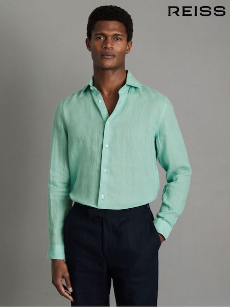 Reiss Bermuda Green Ruban Linen Button-Through Shirt (Q99090) | €142