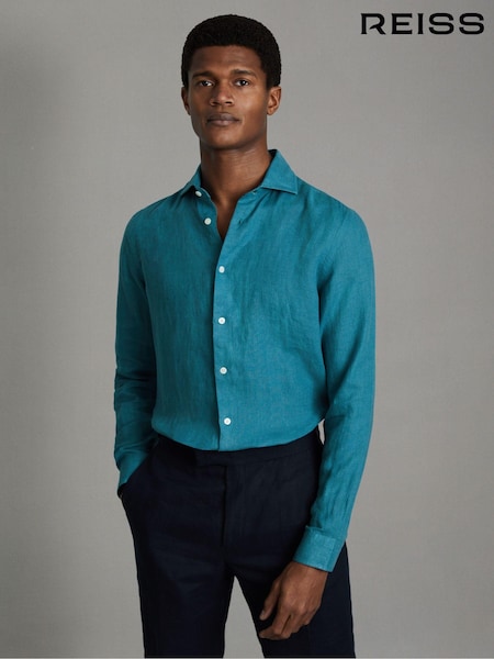 Reiss Teal Blue Ruban Linen Button-Through Shirt (Q99092) | €55
