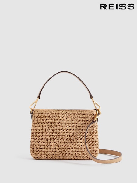 Reiss Tan Brompton Leather Raffia Pouch Bag (Q99130) | €145