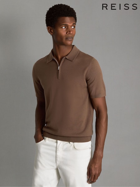 Reiss Pecan Brown Blackhall Merino Wool Half-Zip Funnel Neck Jumper (Q99133) | €134