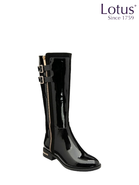Lotus Black Patent Knee High Boots (Q99268) | AED218