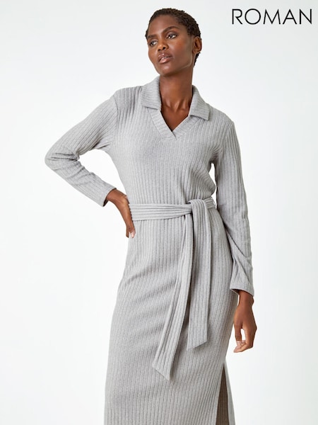Roman Grey Ribbed Stretch Midi Jumper Dress (Q99468) | €26