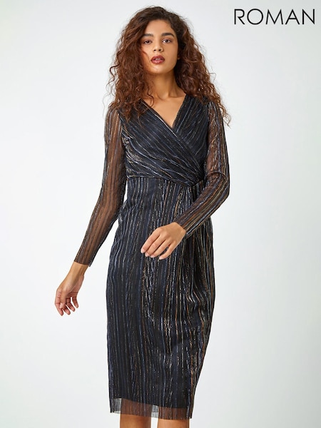 Roman Black Shimmer Stripe Print Midi Wrap Dress (Q99595) | €38