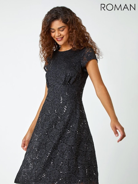 Roman Black Sequin Fluted Hem Lace Stretch Dress (Q99597) | €31