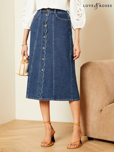 Albastru - Fustă midi cu margini festonate Cu nasturi Love & Roses Denim (Q99761) | 192 LEI