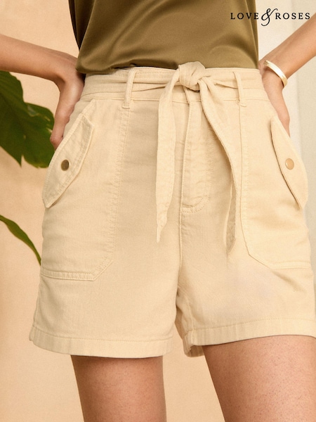 Cămilă - Pantaloni scurți utilitari cu țesătură diagonală din bumbac Love & Roses Cu curea (Q99779) | 121 LEI