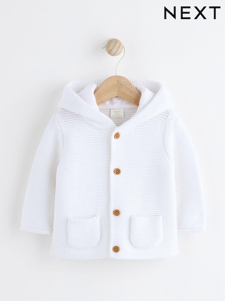 לבן - Knitted Hooded Baby Cardigan (Q99811) | ‏50‏₪ - ‏59‏ ₪