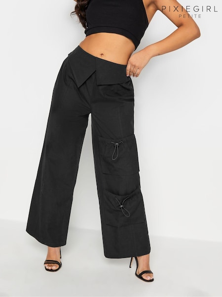 PixieGirl Petite Black Fold Over Cargo 100% Cotton Trousers (Q99930) | ₪171