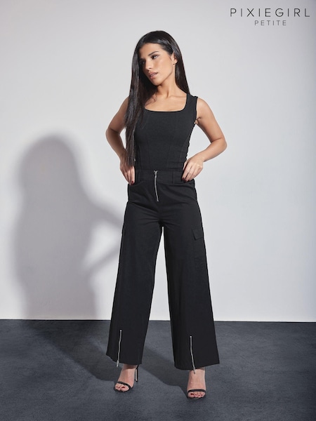 PixieGirl Petite Black Zip Cargo 100% Cotton Trousers (Q99965) | ₪171