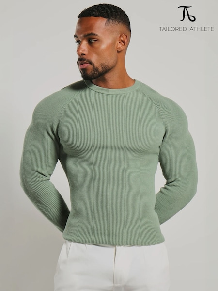 Green - Regular Tailored Athlete Muscle Fit Pure Cotton Knitted Textured Crew Neck Jumper