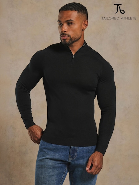 Black - Regular Tailored Athlete Muscle Fit Extra Fine Merino Wool Half Zip Neck Jumper