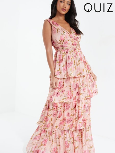 Quiz Pink Multi Chiffon Floral Wrap Tiered Maxi Dress (R01527) | €64