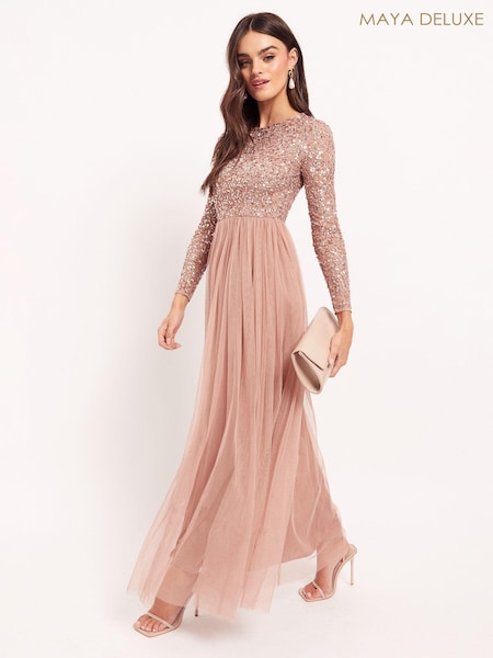 Maya Pink Embellished Long Sleeve Maxi Dress (R01683) | €55