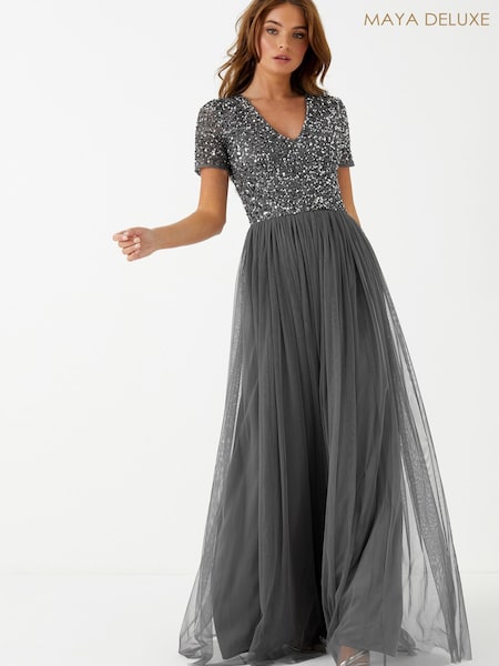Cărbune - Rochie maxi Maya cu mânecă scurtă și paiete (R01757) | 375 LEI