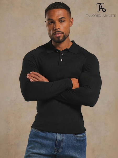 Negru - Regular Tailored Athlete Muscle Fit Extra Fine Merino Wool Polo Shirt