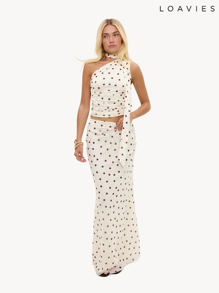 أبيض - Loavies Enchanted Hideaway Maxi Skirt With Brown Polka Dots