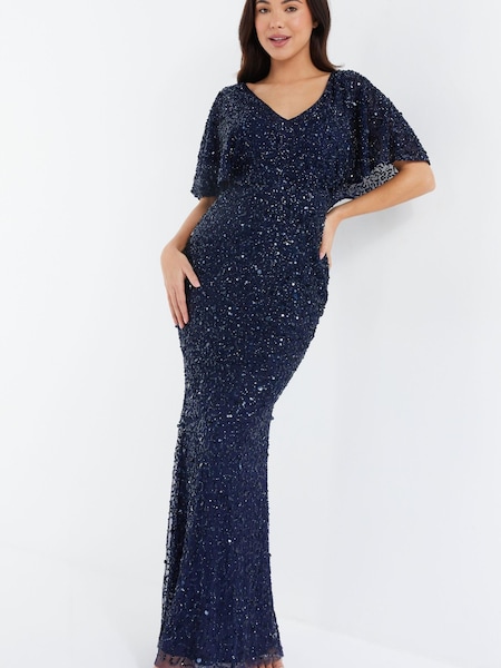 Quiz Navy Blue Sequin V Neck Batwing Maxi Dress (R05030) | €70