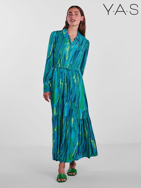 Y.A.S Blue Premium Printed Maxi Shirt Dress With Belt (R06420) | €43