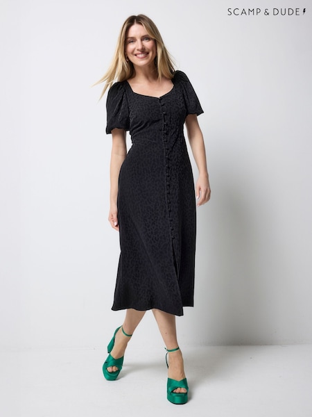 Melns - Scamp & Dude Sweetheart Puff Sleeve Midi Tea Animal Jacquard Dress